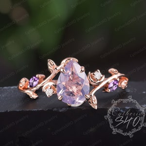 Vintage pear shaped lavender amethyst engagement ring Rose gold gemstone promise ring Nature inspire leaf moon ring Jewelry gifts for women