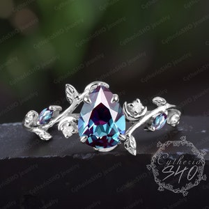 Vintage pear shaped alexandrite engagement ring White gold gemstone promise ring Nature inspire leaf moon ring Women handmade jewelry gifts