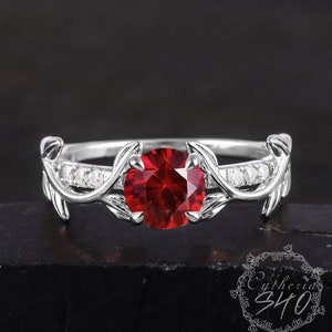Lab gemaakt RubyVerlovingsring 14k massief witgouden beloftering voor haar Leaf Design Ring Natuur geïnspireerde ring Jubileumcadeaus vrouwen