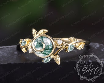 Vintage moss agate engagement ring Art deco solid 14k gold bezel promise ring Unique nature inspired elven leaf ring Jewelry gifts for women