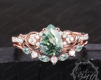 Anillo de compromiso de ágata de musgo en forma de pera vintage establece anillo de promesa de oro blanco Art Déco de 14k Conjuntos nupciales de piedras preciosas verdes únicos Sus regalos de joyería