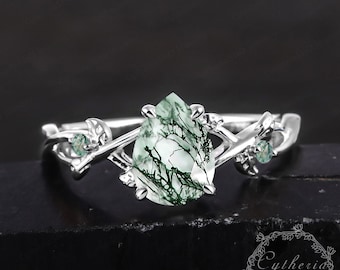 Moss Agate Engagement Ring 14K White Gold Promise Ring for her Leaf Design Ring Unique Natural Inspired Ring Anniversary Gifts for her
