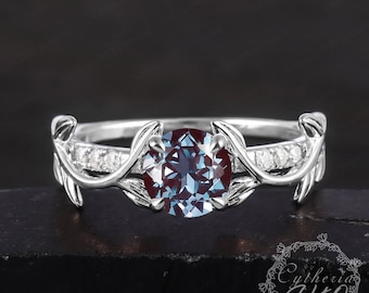 Unique Alexandrite Engagement Ring Leaf Color Changed Gemstone Ring Women June Birthstone White Gold Anniversary Ring Unique Promise ring