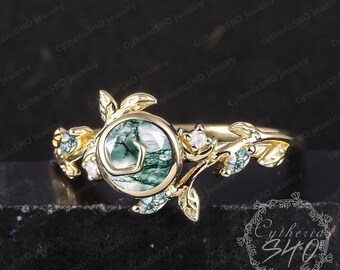 Vintage moss agate engagement ring Art deco solid 14k gold bezel promise ring Unique nature inspired elven leaf ring Jewelry gifts for women