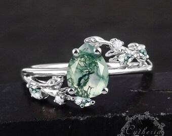 Pear shaped green moss agate engagement ring Unique 14K white gold promise ring Nature inspired art deco leaf ring Her handmade jewelry gift