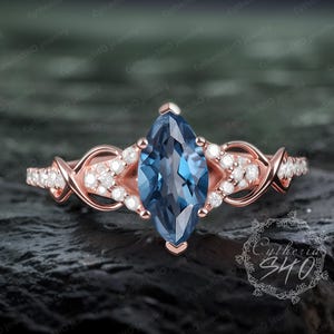 Marquise cut London Blue Topaz engagement ring Art deco promise ring Vintage rose gold gemstone cluster ring Unique jewelry gift for women