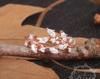 Marquise Moissanite/Diamond Promise ring,14K Solid Rose Gold Leaf Wedding Ring,Art deco ring,Cluster ring,Unique Anniversary Ring for her