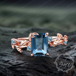 Emerald cut London blue topaz engagement ring Art deco solid Rose gold promise ring Nature inspired leaf ring Unique handmade jewelry gift