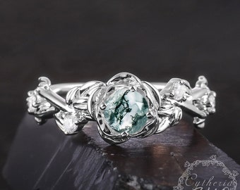 Unique Natural Moss Agate Engagement Ring Solid 14k White Gold Promise ring Leaf Green Gemstone Ring Art Deco Ring Anniversary Gifts