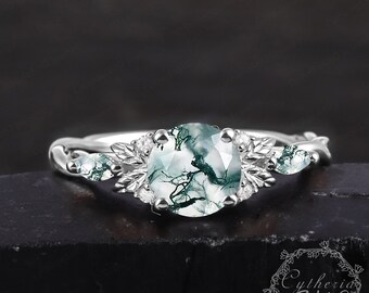 Natural Moss agate Engagement Ring 14K Solid White Gold Promise Ring Nature Inspire Leaf Vine Ring Art Deco Ring anniversary gifts For Women