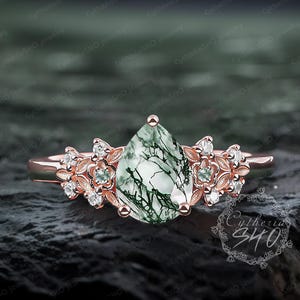 Unique pear cut moss agate engagement ring Art deco solid 14K rose gold promise ring Nature inspired Flower leaf ring Jewelry gift for women