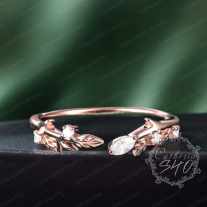 Vintage diamond curved wedding band Nature inspired marquise moissanite wedding ring Art deco 14k  rose gold leaf ring Handmade jewelry gift