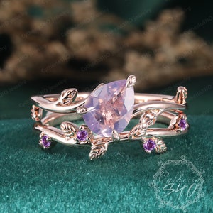 Pear Shaped Lavender Amethyst Engagement Ring Sets 14k Rose Gold Leaf Ring Bridal Sets Promise Amethyst Ring Nature Inspire Ring For Women