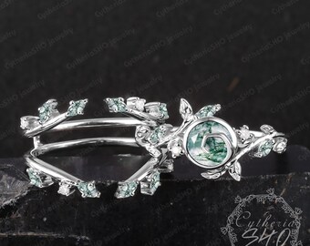 Vintage moss agate engagement ring sets Art deco white gold promise ring Unique nature inspired elven leaf bridal sets Jewelry gifts