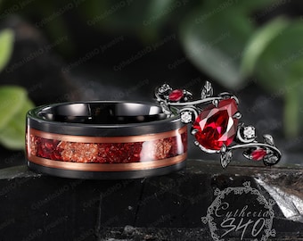 Gothic Pear cut ruby Couple's ring Tungsten men's wedding ring Art deco red gemstone wedding band Nature inspired moon leaf engagement ring