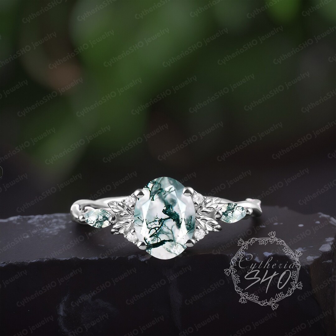 Olivenorma Moss Agate V Shape Engagement Ring Set