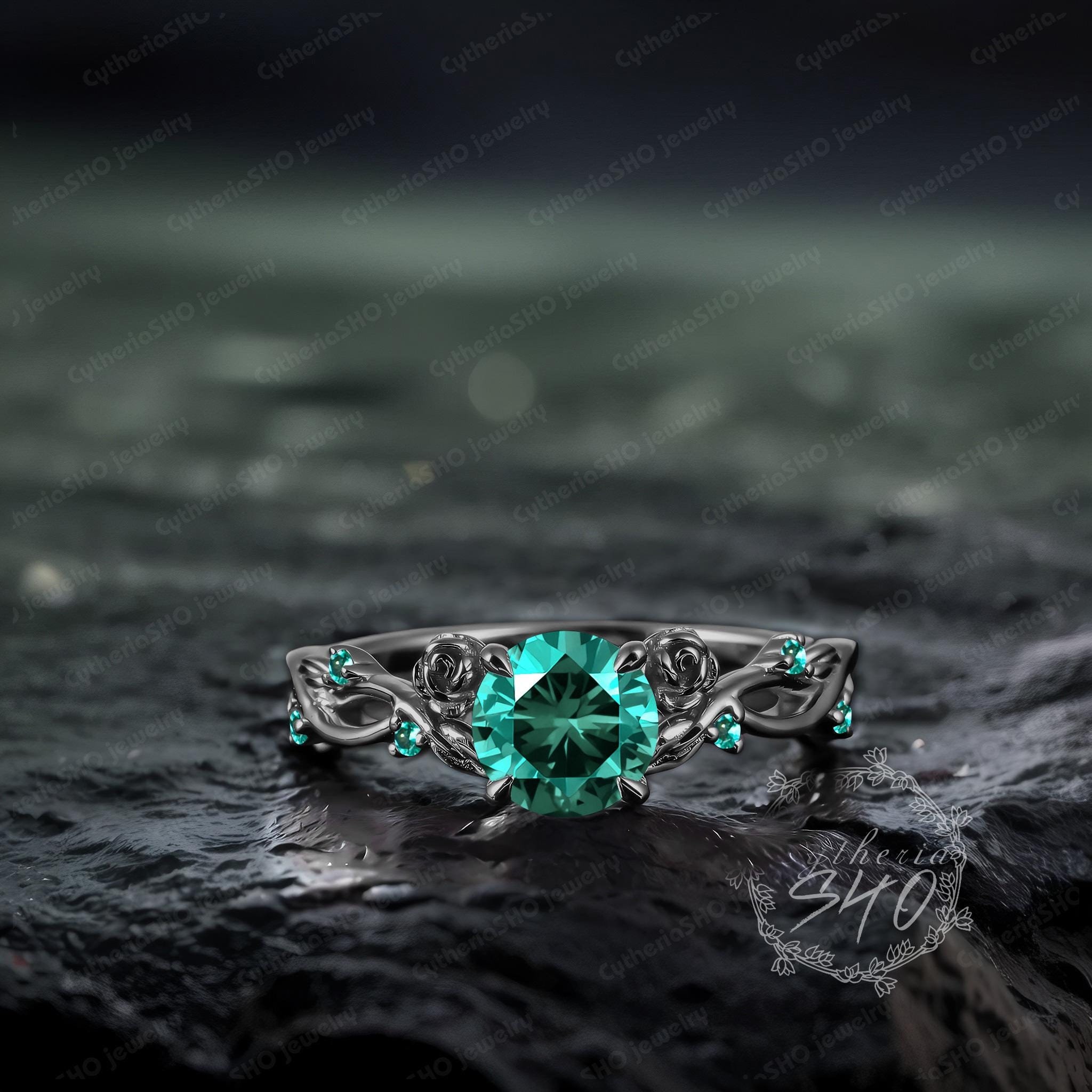 Gothic emerald engagement ring 14K black gold promise ring Nature inspired rose flower ring Unique gemstone leaf ring Handmade jewelry gift