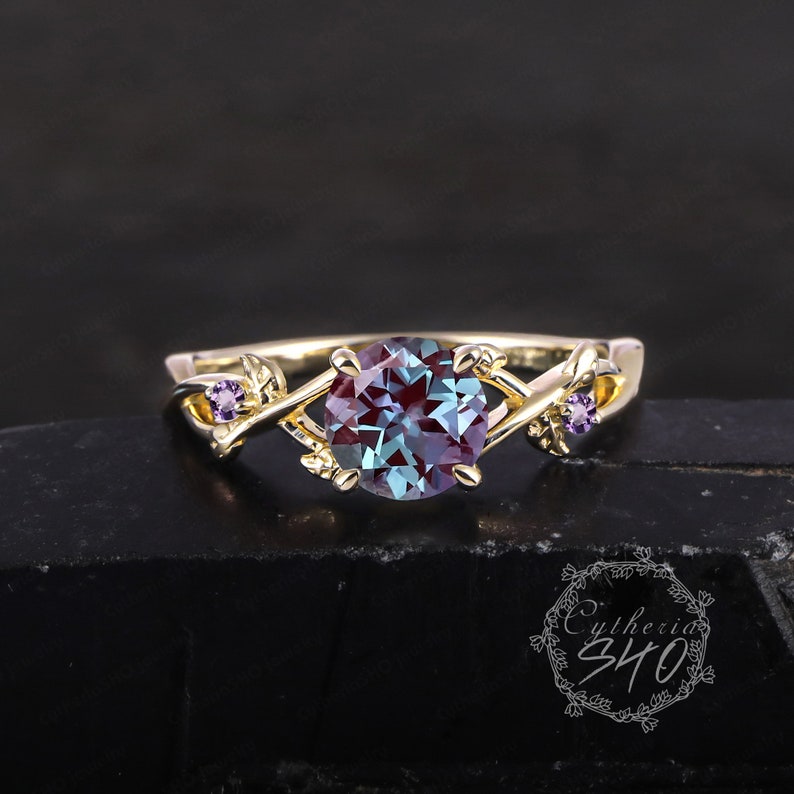 Unique Alexandrite Engagement Ring 14KRose Gold Promise Ring Leaf Design Ring ColourChanging Stone Art Deco Ring Anniversary Gifts For Women image 4