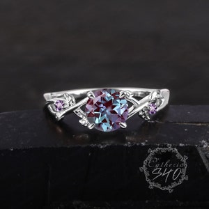 Unique Alexandrite Engagement Ring 14KRose Gold Promise Ring Leaf Design Ring ColourChanging Stone Art Deco Ring Anniversary Gifts For Women image 6