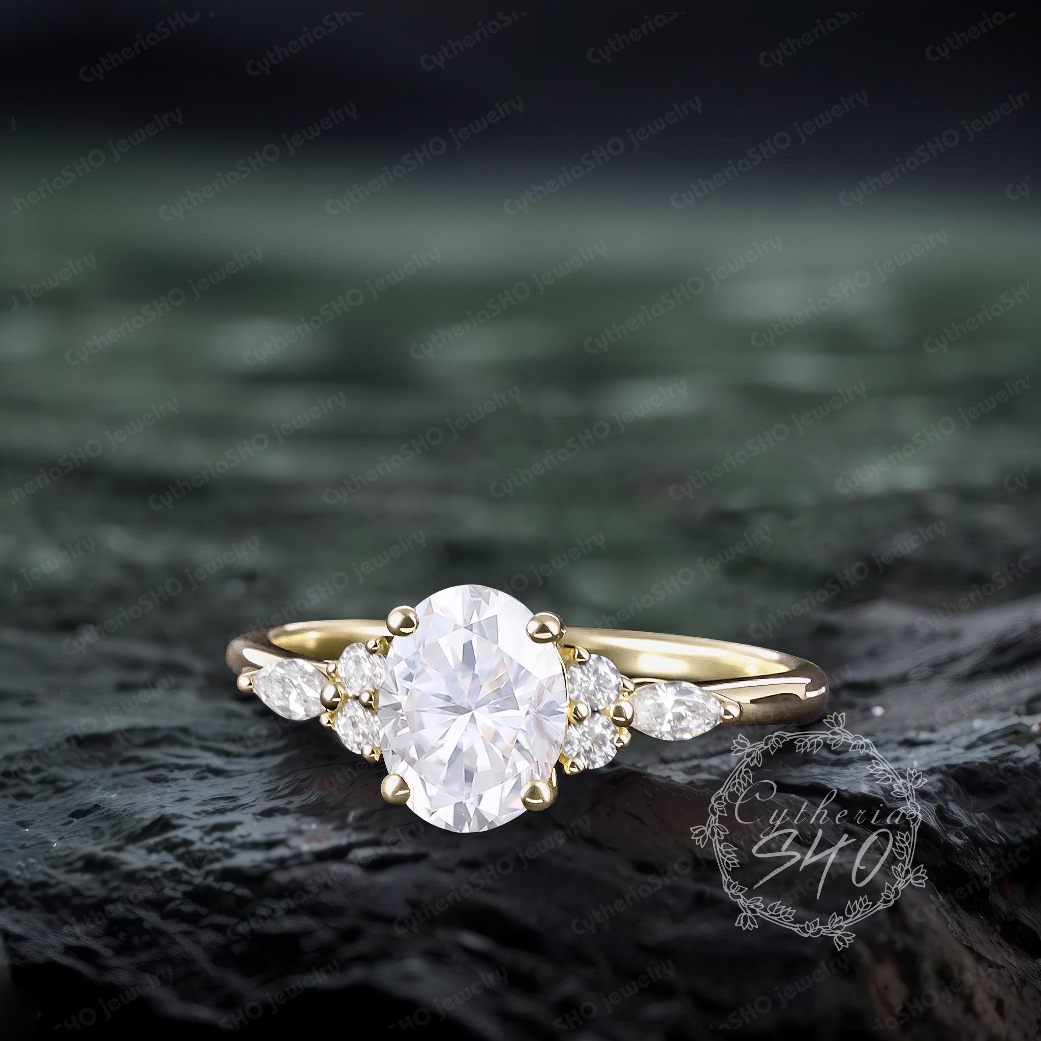 Unique Oval Cut Moissanite Engagement Ring Vintage Sollid 14K Rose 