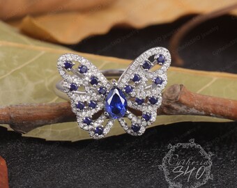 Birnenförmige Lab Saphir Versprechen Ring, 14K Solid Rose Gold Versprechen Ring, Einzigartige Schmetterling Design Ring Jahrestag Geschenke Personalisierter Schmuck