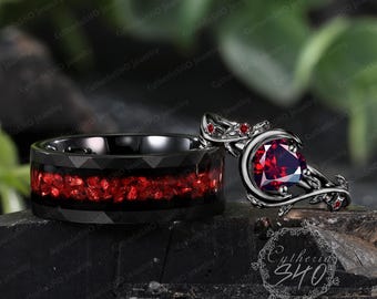 Heart cut red garnet Couple's ring Black tungsten men's wedding ring Art deco wedding band Gothic leaf moon engagement ring Handmade Jewelry