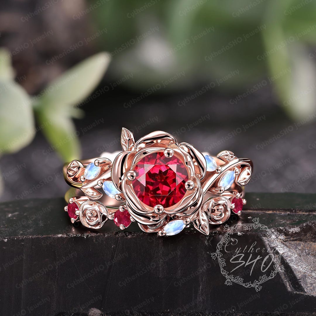 Unique Red Ruby Floral Engagement Ring Set Nature Inspired Rose Gold ...