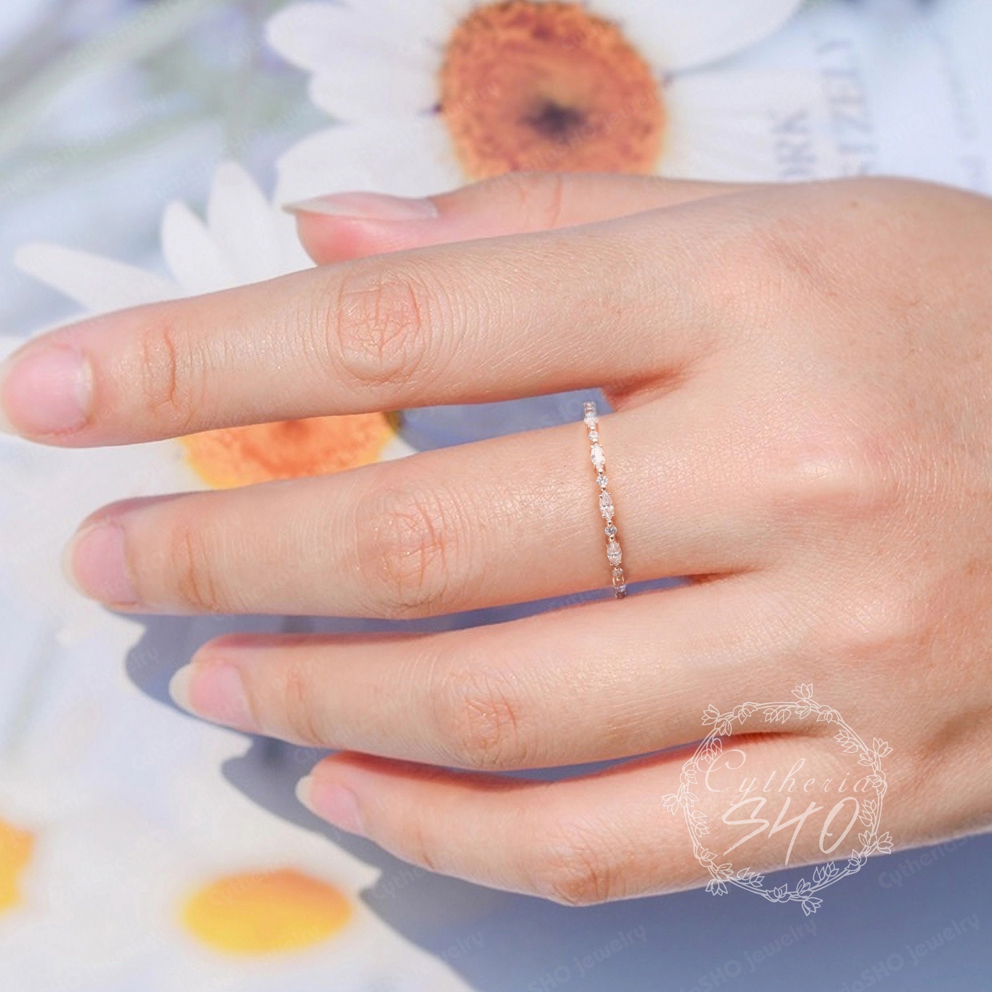 Marquise Moissanite Wedding Ring 14k Solid Gold Wedding Band Delicate Eternity Pave Band Diamond Matching Stacking Band Anniversary Gifts