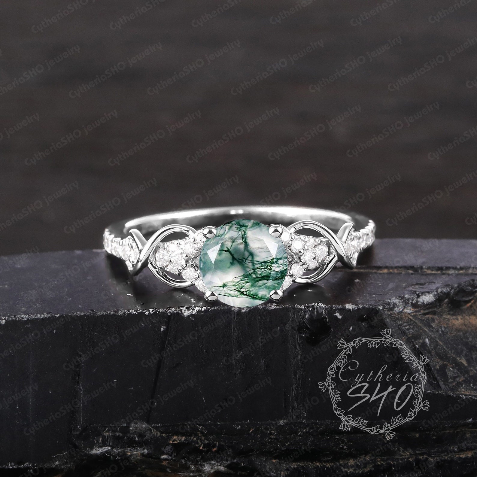 Vintage Moss Agate Engagement Ring Art Deco Solid 14k Gold Promise Ring ...