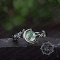 Gothic moss agate engagement ring 14K black gold gemstone promise ring Nature inspired moon ring Unique leaf ring Her handmade jewelry gift
