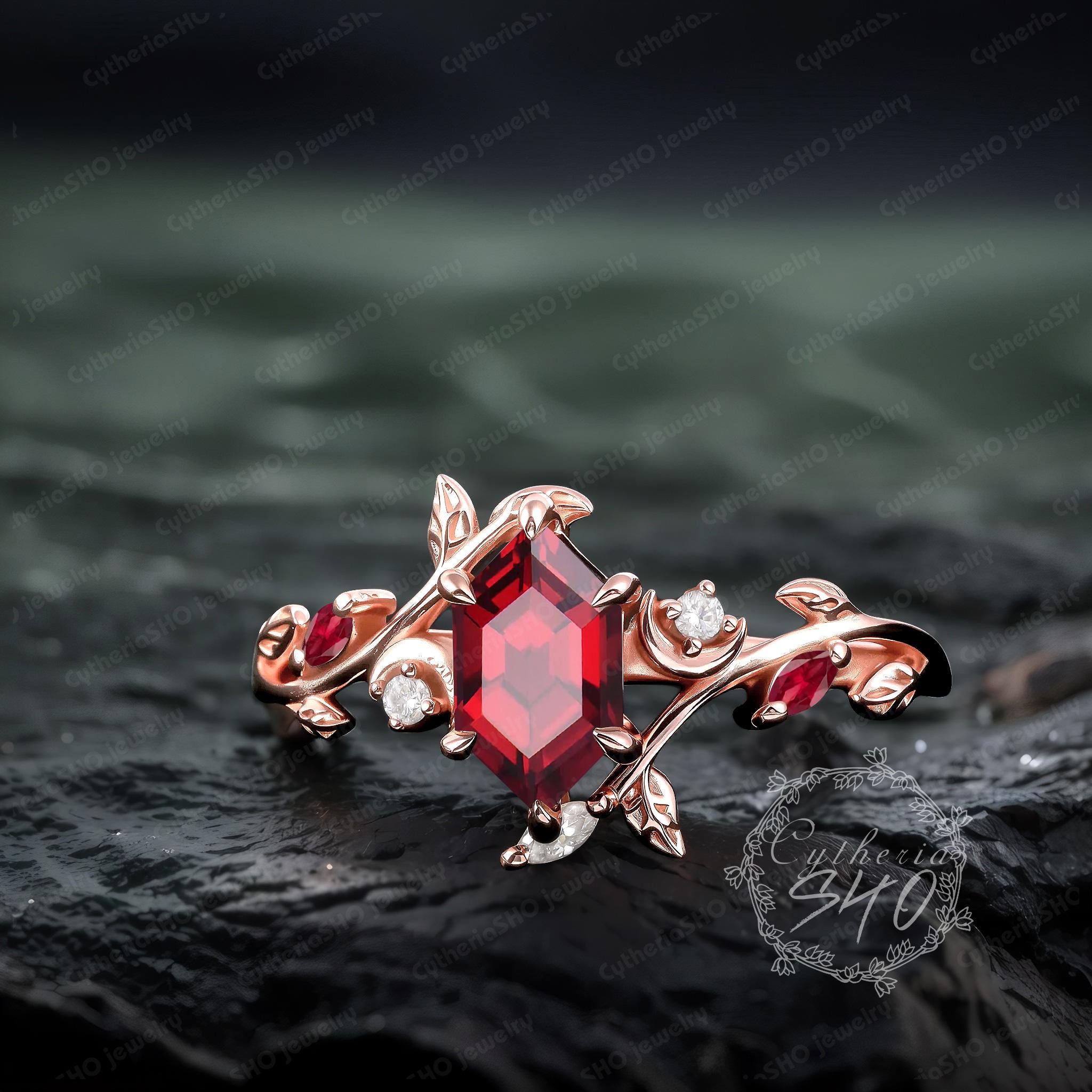 Gothic Long Hexagon Ruby Engagement Ring Art Deco Black Gold