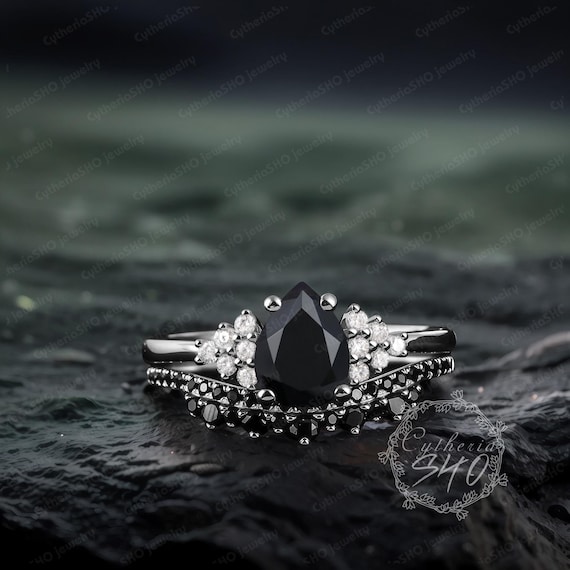 Gothic Pear Cut Black Onyx Engagement Ring Set Art Deco Black Gold