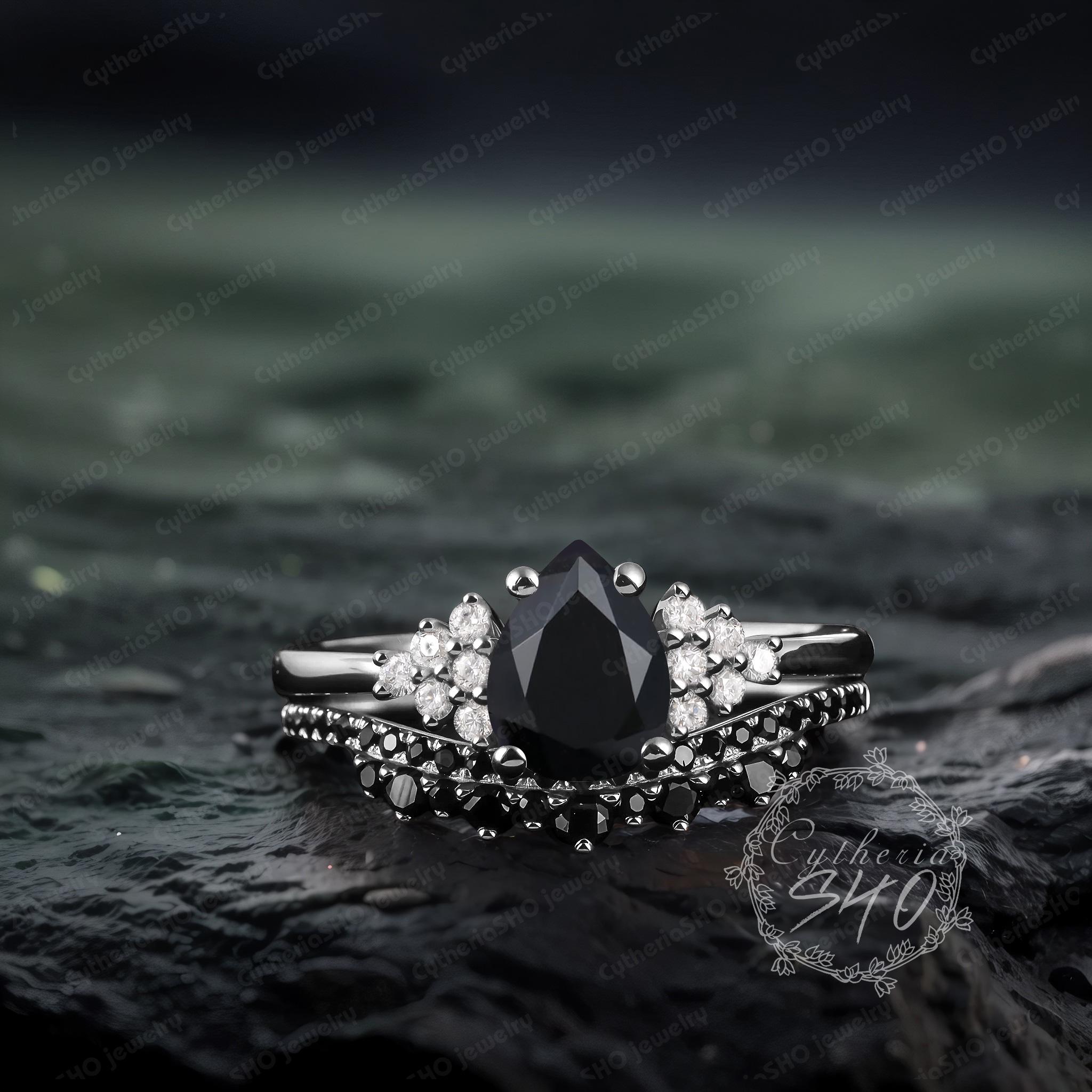 Gothic Pear Cut Black Onyx Engagement Ring Set Art Deco Black Gold