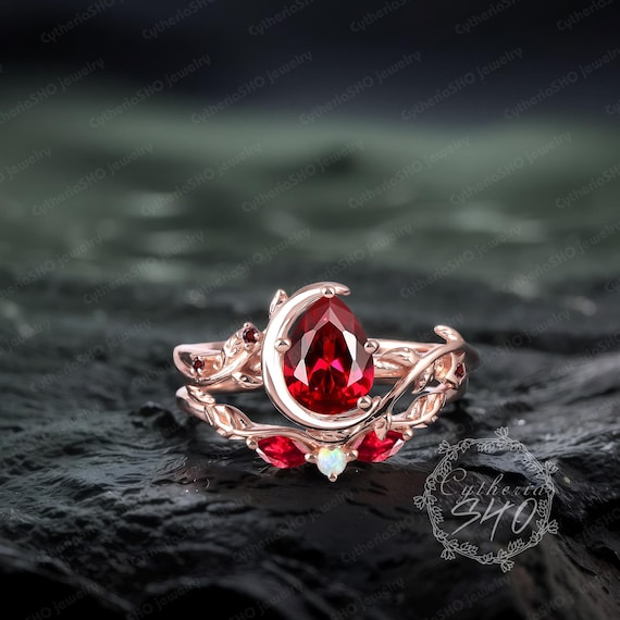 Vintage Pear Cut Red Ruby Engagement Ring Set Art Deco Moon Leaf