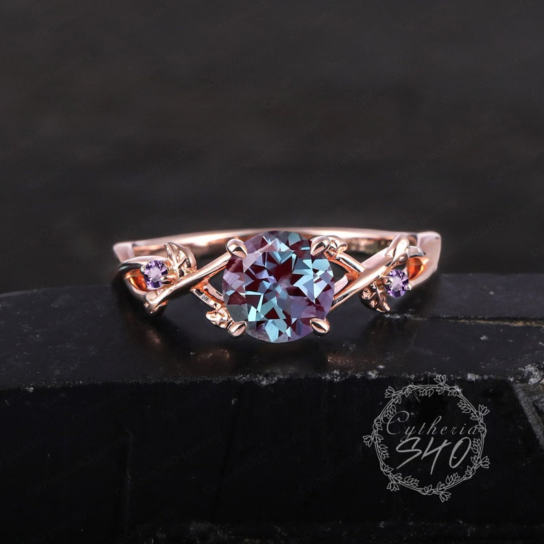 Unique Alexandrite Engagement Ring 14KRose Gold Promise Ring Leaf Design Ring ColourChanging Stone Art Deco Ring Anniversary Gifts For Women image 1
