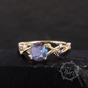 Unique Alexandrite Engagement Ring 14KRose Gold Promise Ring Leaf Design Ring ColourChanging Stone Art Deco Ring Anniversary Gifts For Women image 5