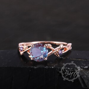 Unique Alexandrite Engagement Ring 14KRose Gold Promise Ring Leaf Design Ring ColourChanging Stone Art Deco Ring Anniversary Gifts For Women image 2