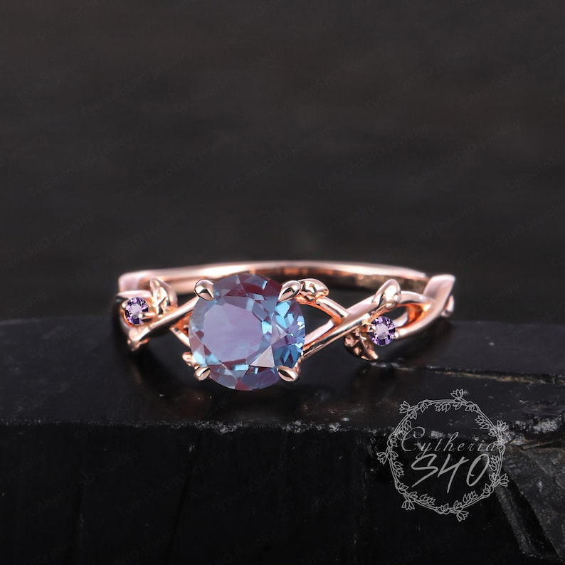 Unique Alexandrite Engagement Ring 14KRose Gold Promise Ring Leaf Design Ring ColourChanging Stone Art Deco Ring Anniversary Gifts For Women image 2