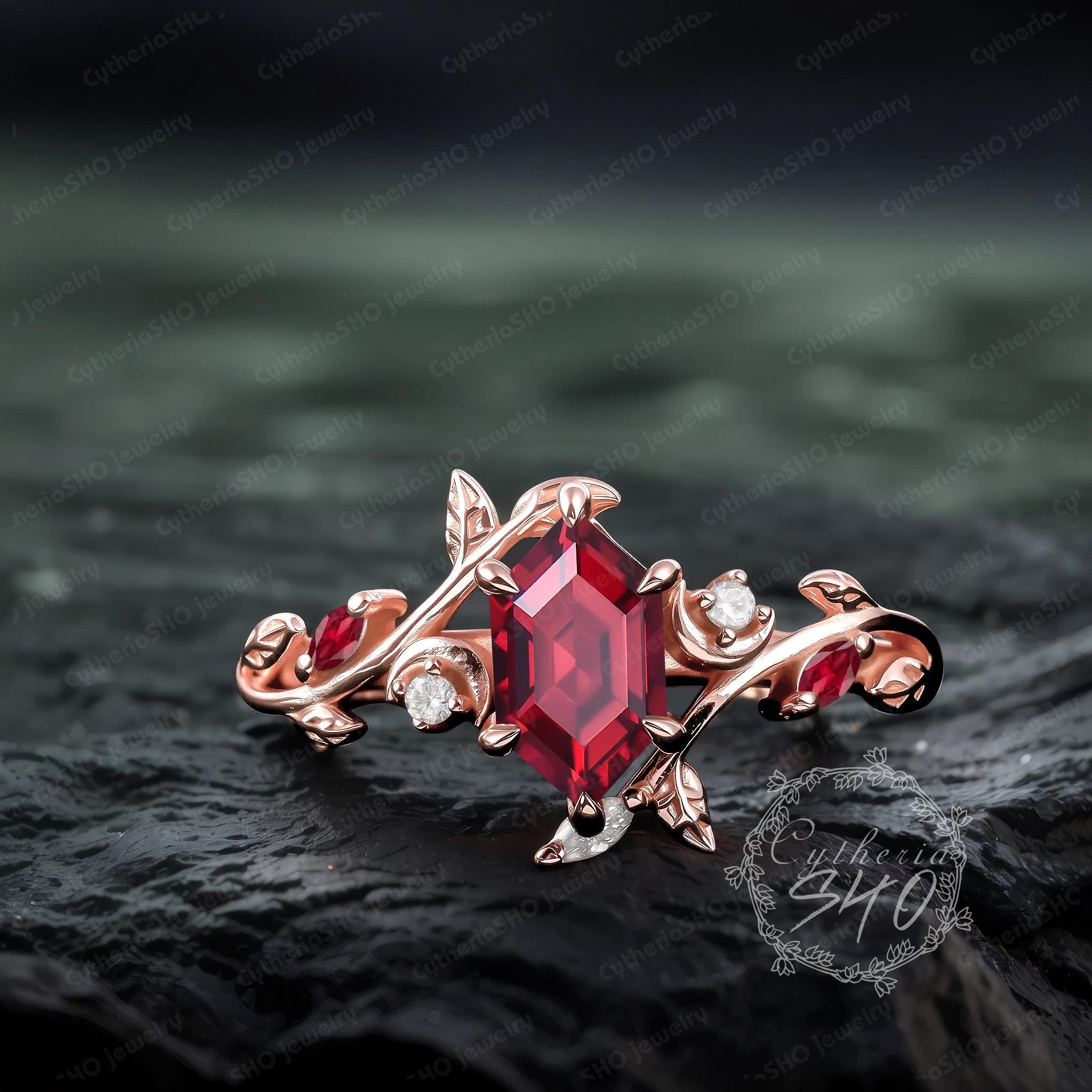 Gothic Long Hexagon Ruby Engagement Ring Art Deco Black Gold