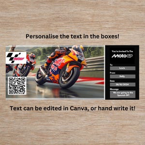 Personalisierte MotoGP Geschenkkarte zum ausdrucken. MotoGP Grand Prix, MotoGP Ticket, Racing Ticket, Canva Download, bearbeitbar, Motorobike Ticket