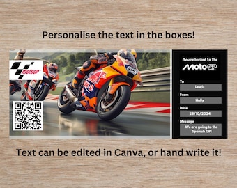 Entrada de regalo personalizada e imprimible para MotoGP. Gran Premio de MotoGP, Entrada de MotoGP, Entrada de carreras, Descarga de Canva, Editable, Entrada de motocicleta