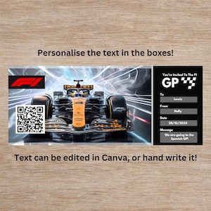 Personalisierte FORMULA 1 Geschenkkarte zum Ausdrucken. F1 Grandträger Preise, Formel-1-Eintrittskarte, Rennticket, Canva-Download, bearbeitbar, Rennwagenticket