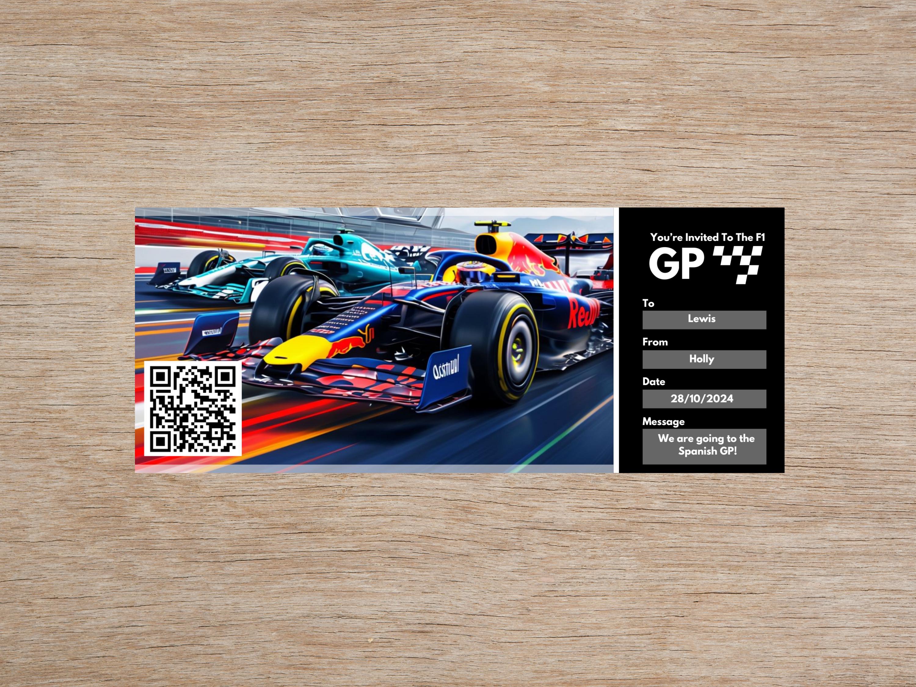 Personalised Printable FORMULA 1 Gift Ticket, Formula One Ticket, F1 ...