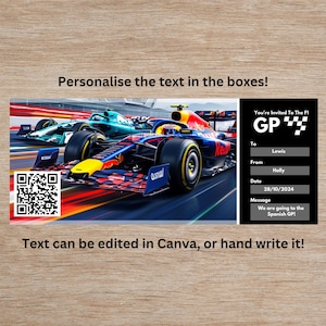 以下が含まれることがあります： F1レースカーが描かれた招待状。パーソナライズ可能なテキストボックス、QRコード、メッセージ「You're Invited To The F1 GP」が含まれています。日付は2024年10月28日です。
