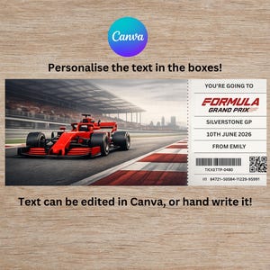 Op de afbeelding: Een Formule 1 Grand Prix ticketontwerp met een rode raceauto op een circuit. Het ticket toont de Silverstone GP op 10 juni 2026, met bewerkbare tekstvelden. Het ontwerp is aanpasbaar in Canva.