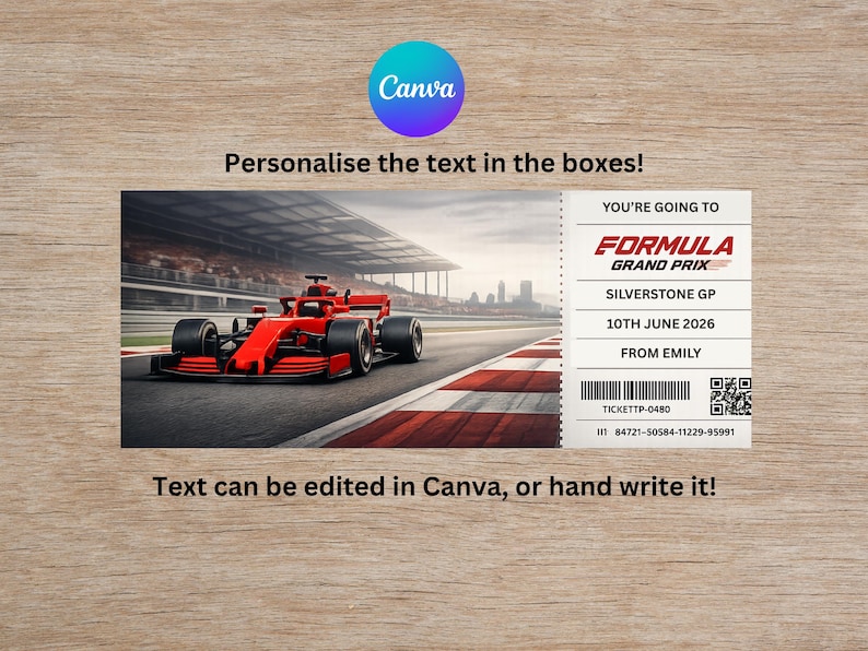 Personalised Printable FORMULA 1 Gift Ticket, Formula One Ticket, F1 ...