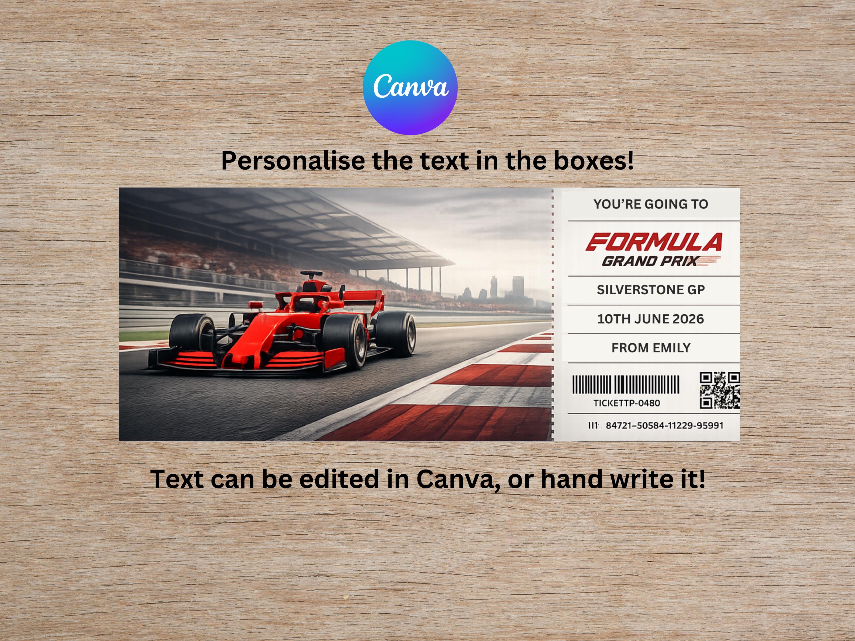 Personalised Printable FORMULA 1 Gift Ticket, Formula One Ticket, F1 ...