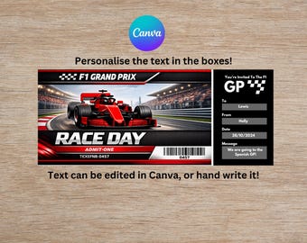 Biglietto regalo Formula 1 stampabile personalizzato, Biglietto Formula Uno, Gran Premio F1, download Canva, Biglietto Corsa, Biglietto Auto da Corsa, modificabile