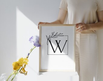 Arte de pared imprimible con letras modernas y rústicas "W", letras negras en negrita