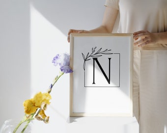 Arte de pared imprimible con letras negras en negrita rústicas modernas de la letra "N"